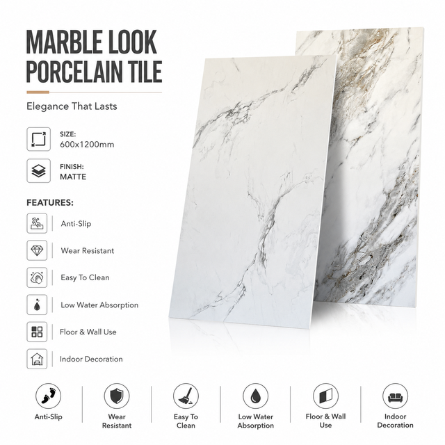 600x1200mm Matte Porcelain Marble Look Floor and Wall Tiles Anti Slip Large Format Ceramic Tiles for Living Room Hotel