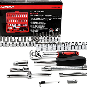 Kit d'outils mécaniques de 46 pièces, jeu de clés à douilles à <span class=keywords><strong>cliquet</strong></span> 1/4" <span class=keywords><strong>avec</strong></span> boîte de rangement, comprend des douilles à embouts et une barre d'extension - Product Image 2