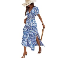 Robe d'été à fleurs tissée Maxi haut de gamme pour femmes col en V taille cintrée décontracté motif floral taille naturelle robe de vacances fendue