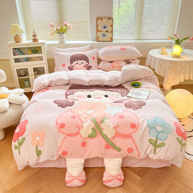 Cartoon Embroidery Quilt Duvet Cover Set Soft Korean Linen Bedding Animal Velvet Coral Polar Fleece Kids Winter Bedroom Use