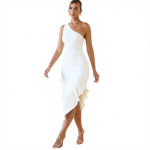 Robe midi asymétrique à une épaule Style De Maison, coupe trapèze, blanc uni, élégante pour les soirées, sans manches, taille naturelle - Product Image 3