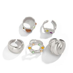 Grands anneaux circulaires en métal irrégulier vintage pour femmes et hommes, bagues d'ouverture en strass colorés, ensemble d'accessoires de bijoux punk - Product Image 6