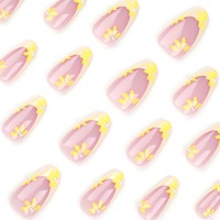 Gel doux 24 pièces minimaliste français jaune Simple fleur et perle forme d'amande presse sur les ongles ongles artificiels 3313