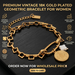 Bracelet vintage en acier inoxydable plaqué or 18 carats avec breloques géométriques, coquillages sculptés, trèfles et médailles pour femme - Product Image 1