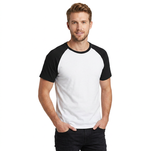 Men's Cotton Raglan Sleeve O-Neck T-Shirt Solid Color Casual Regular Fit Black <b>White</b> Contrast Trim Jersey Knitted <b>Tees</b> - Product Image 4