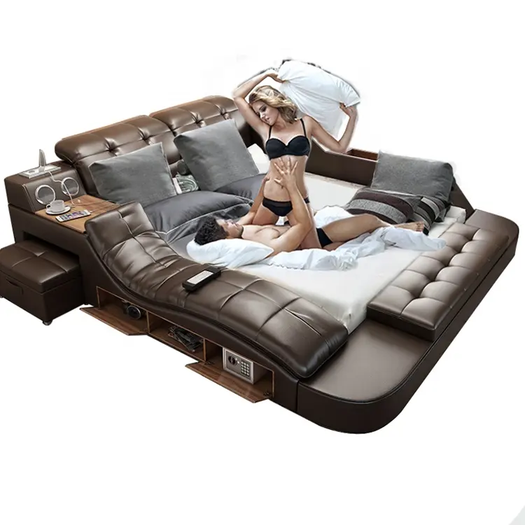 Massage multifunction modern leather double velvet bedside Smart bed With Table