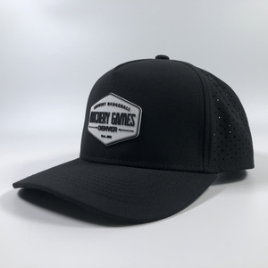 OEM 100% di vendita calda in poliestere strutturato di colore solido nero Design personalizzato con logo <span class=keywords><strong>PV</strong></span> taglio Laser 5 fori pannello cappellino da Baseball - Product Image 2