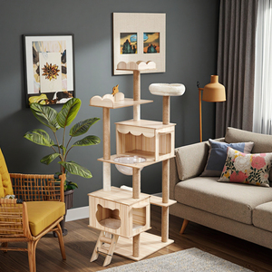 Arbres à chat en bois naturel, tour de jeu avec <span class=keywords><strong>griffoir</strong></span>, structure d'escalade intérieure pour chats, hamacs - Product Image 2