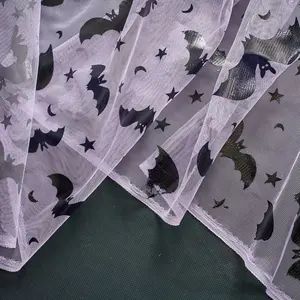 Halloween Party Kids Children Cloth Black Bats Printed Purple Tulle Mesh Fabric For Decoration And Dress 100% Polyester