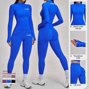 Set Yoga Personalizzato con Giacca Senza Cuciture a Maniche Lunghe con Zip, Reggiseno Sportivo e Pantaloncini da Ciclista, Asciugatura Rapida e Traspirante - Product Image 1
