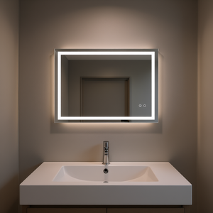Miroir de salle de bain éclairé par LED 28x36, mural, anti-buée, interrupteur tactile, cadre rectangulaire moderne en aluminium - Product Image 2