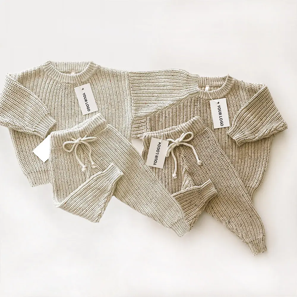 Benutzer definierte LOGO streuen Baumwolle Baby Pullover Sets neugeborene Winter Kleidung Sets gerippt Chunky gestrickte Hose Langarm Kinder Strick-Set