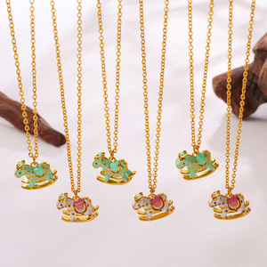 Stainless Steel Cartoon Enamel Carousel Pendant <b>Necklace</b>, Dopamine Color Cute Dainty Clavicle Chain For Women Daily <b>Match</b> - Product Image 2