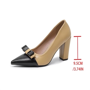 Factory Wholesale Two-Tone Pumps - Red Black Bow Decor Block Heel Pointed Toe Office Party Women's Shoes - Product Image 6