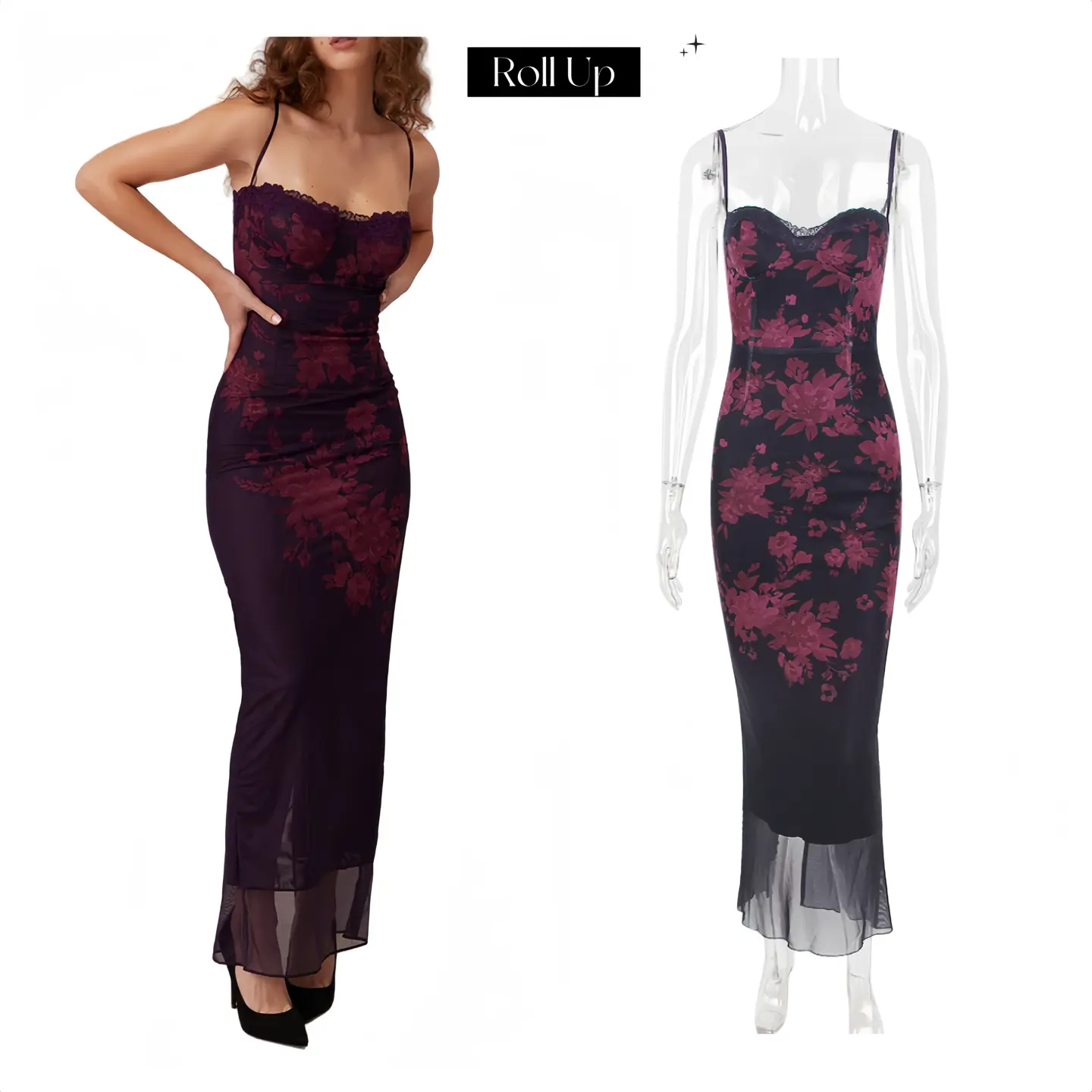 Kustom Wanita seksi Floral Mesh Trumpet gaun panjang musim panas elegan renda Bodycon Split gaun Maxi untuk malam gaun putri duyung