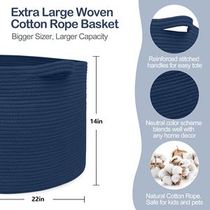 Dark Blue <b>Basket</b> for Organizing 22" X 14" Extra <b>Large</b> Woven Cotton Rope Laundry <b>Basket</b>, Blanket <b>Storage</b> for Living Room Bedroom - Product Image 2