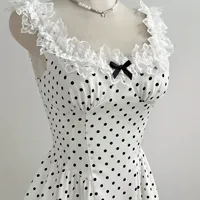 Robe mini trapèze à pois avec nœud papillon et dentelle pour femme, style décontracté d'été, ODM