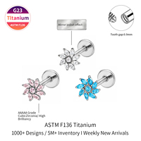 ASTM F136 Implantatqualität Titan 18K Vergoldet Blumen-Design Innengewinde Labret Helix Tragus Lippenpiercing Zirkon Hochzeit