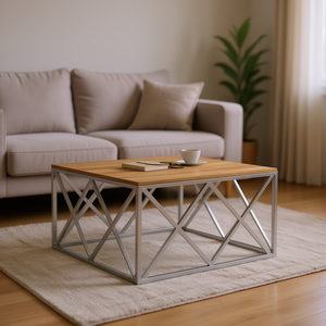 Tavolino da Caffè in Acacia Argento con Struttura in Metallo Moderno e Piano in Legno Naturale per Soggiorno - Product Image 2