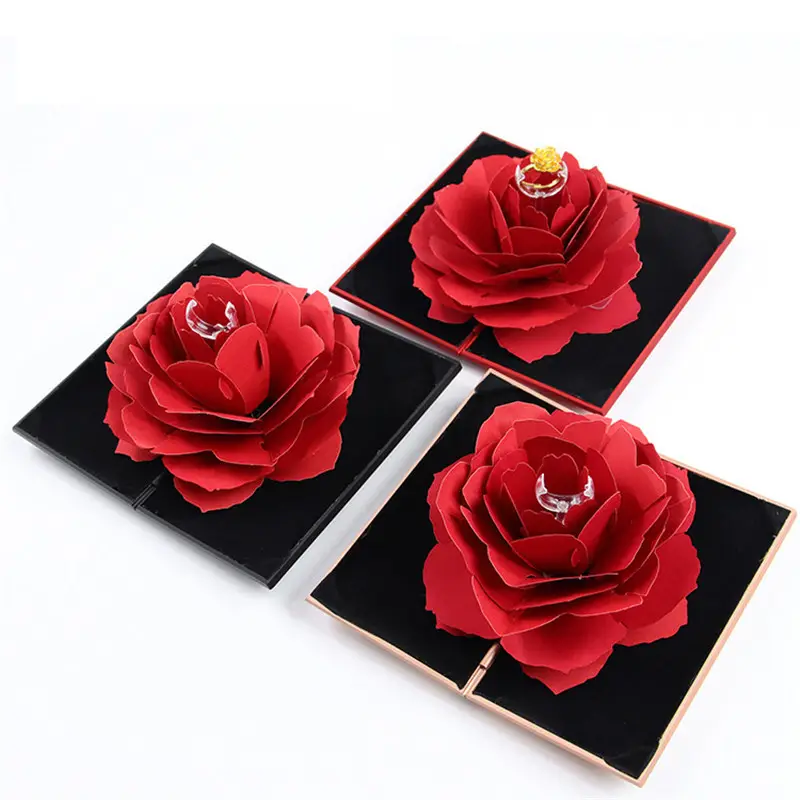 Pop up Rose Ring Holder 3D Jewelry Box Wedding Engagement Rings Box Jewelry Gifts Boxes Valentine Day Jewelry Package Plastic