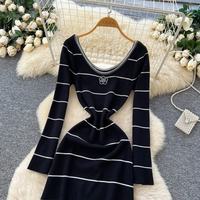 Robe décontractée élégante pour femmes, à manches longues, col en U, rayée, en tricot, coupe évasée, pour tous les jours, vêtements pour femmes, robe élégante pour femmes