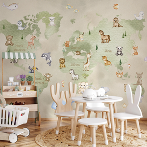 Carte du monde avec animaux, papier peint mural non tissé, décoration murale personnalisable, moderne, pour bibliothèque préscolaire, café pour enfants, aire de jeux, durable - Product Image 3