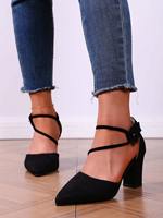 Sandales à talons hauts noires à bout pointu pour femmes, talon bloc, en daim PU, avec bride à la cheville, confortables, pour le bureau, chaussures habillées d'été