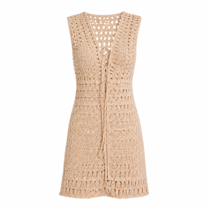 Vestido de playa de ganchillo calado para mujer, con cuello en V y sin mangas, para cubrir el traje de baño, venta al por mayor OEM, marca privada, pedido a granel - Product Image 1