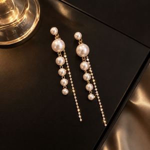 Long Pearl <b>Dangle</b> <b>Earrings</b> Full <b>Diamond</b> Simulated Pearl Tassel Drop <b>Earrings</b> Gold Plated Long Pearl <b>Earrings</b> for Women - Product Image 4