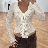Camisas de Diseñador para Mujer, Blusa Personalizada Vintage de Manga Larga con Cuello en V y Volantes Elegantes para Fiestas