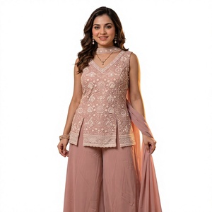 Pink Embroidered Sleeveless Top With <b>Palazzo</b> Pants And Dupatta Traditional Indian Wedding Wear For Women - Product Image 1