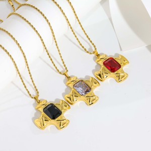 Collar con Colgante de Cruz Geométrica con Gemas - Diseño con Opción de Gemas Multicolores, Estilo Moderno y Versátil para Reuniones Informales - Product Image 2