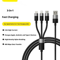 Câble de données Type-C trois-en-un haute vitesse 3,5 A à charge rapide, en nylon tressé, conception multifonctionnelle à trois têtes pour iOS