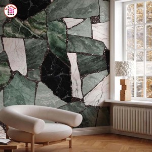 Dalle composite de marbre vert brisé de luxe avec copeaux blancs et noirs pour mur d'accentuation de hall d'hôtel, panneau mural, projet commercial - Product Image 2