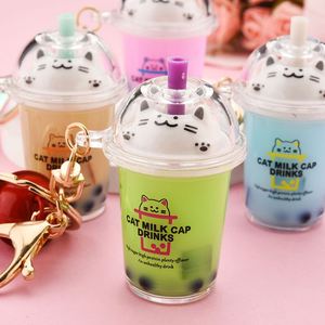 Wholesale Floating Pearl Milk Tea Keychain - Cute <b>Cat</b> Cup with Quicksand Liquid, Creative Backpack Pendant <b>Gift</b> - Product Image 1