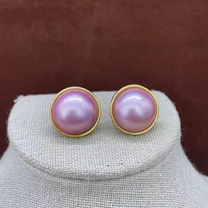 Boucles d'oreilles clous Red Bean Fashion en argent S925 avec perle Mabe rose 17 mm, sertissage clos plaqué or, bijoux classiques pour femme - Product Image 3