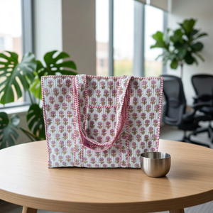 Elegant Floral Printed Cotton Quilted <b>Tote</b> Bag Spacious Handmade Carryall Shoulder Bag for Travel Shopping Daily Use - Product Image 4