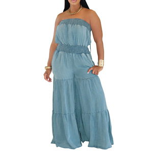 Mono vaquero de mujer más vendido, de color liso, sin mangas, con tirantes finos, estilo camisero, de pierna ancha, a la moda. - Product Image 1