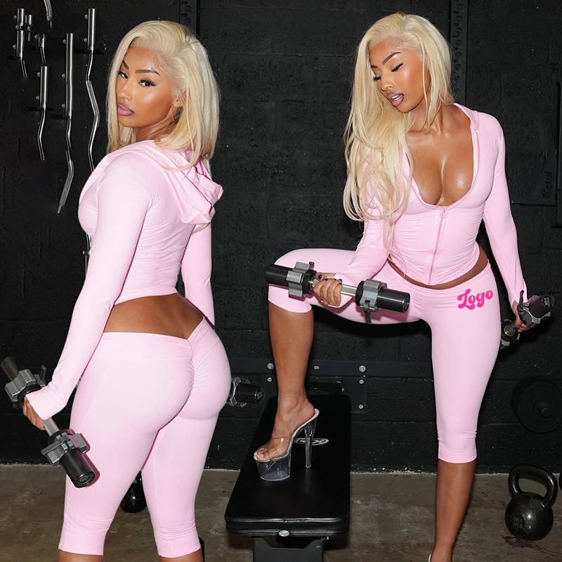 Women's Y2K Casual Solid Embroidered Fitness Tracksuit Set Custom Thumb Hole Jacket Capri Pants Leggings Two-Piece Set