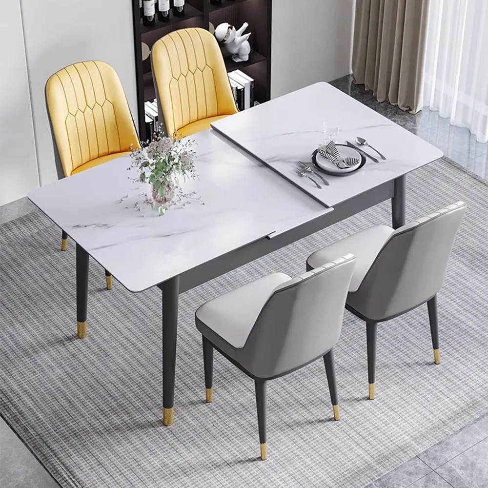Table de salle à manger en marbre de luxe GENOVA pliante carrée extensible d'angle rond pieds en acier doré table de salle à manger