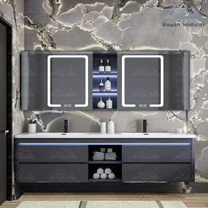 Mobile da <span class=keywords><strong>Bagno</strong></span> Sospeso Moderno Wayon con Doppio Lavabo e Specchiera Contenitore a LED in Compensato Impermeabile Certificato CE Modello WW-YSG - Product Image 5