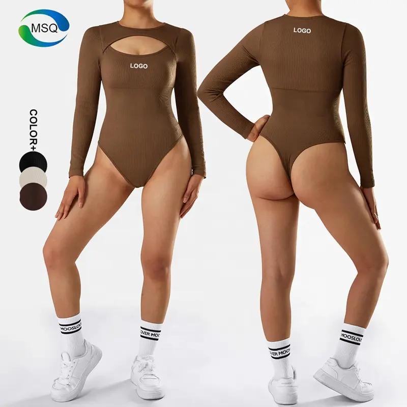 Workout Romper Women Long Sleeve Compression Soft Ribbed Slimming Sexy Thong Bodysuit