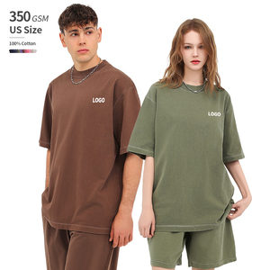 Conjunto de Camiseta y Pantalones Cortos Unisex de Moda Urbana, Talla Estadounidense, 100% Algodón, Teñido con Efecto Deslumbrante, Hombros Caídos, Estilo Casual de Verano - Product Image 1