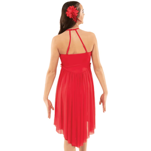 Costume de danse lyrique élégant pour femmes, justaucorps rouge à manches longues avec appliques florales et traîne en tulle pour spectacle sur scène - Product Image 2