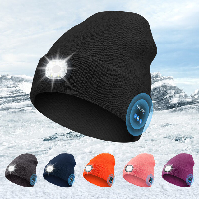 Night Running Cap Removable USB Light LED Phone Bluetooth Music Knitted Beanie Hat With Bluetooth Speaker