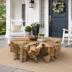Handmade Multifunctional Natural Teak Root Coffee <b>Table</b> Glass <b>Top</b> Durable <b>Solid</b> <b>Wood</b> Frame Contemporary Artistic Driftwood - Product Image 3