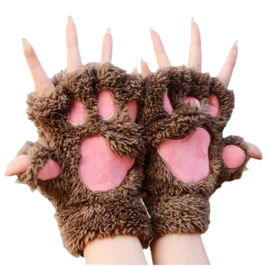 Women Girls Casual Outdoor Lovely Fluffy Bear Cat Plush Paw Claw Half Finger Breathable Winter Warm Fingerless Gloves - Product Image 1