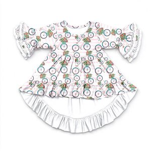 Vestido de niña de seda de leche con manga acampanada, encaje y volantes, estampado floral de bicicleta, Torre Eiffel y cerezas, vestido giratorio para niños - Product Image 1