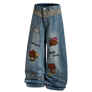 Pantalon en jean droit ample taille mi-haute en coton brodé pour homme, style vintage rétro streetwear hiver hip-hop délavé - Product Image 2