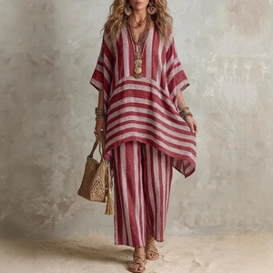 Ensemble deux pièces décontracté chic à rayures, col en V, coupe ample, en polyester, style européen et américain, pour femme, collection printemps - Product Image 4